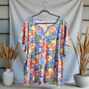 Kim Rogers Plus 4X Blue Tropical Print V-Neck T-Shirt Summer Casual 100% Cotton